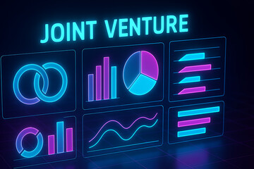 Joint venture neon glowing dashboard business collaboration analytics chart pie graph bar diagram partnership corporate finance strategy cooperation data visualization financial growth teamwork invest