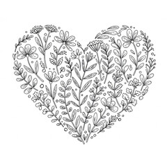 Elegant floral heart design for Valentine's Day cards and romantic projects, botanical love concept with hand-drawn style flowers and delicate leaves art