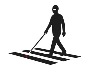 Silhouette illustration of blind person with white cane crossing pedestrian crosswalk, accessibility and disability support symbol, inclusive mobility and urban safety design