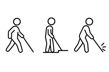 Set of vector glyph icons showing blind person with white cane in different walking positions, accessibility and disability support symbols, orientation and mobility aids