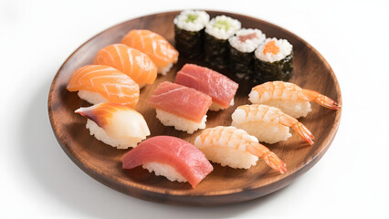 Assorted nigiri sushi on wooden plate with white background