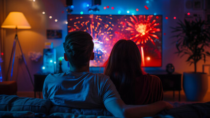 Obraz premium Back view of a young family enjoying televised 4th of July Independence Day or New Year's Eve fireworks at home on TV 