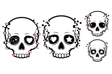 Kawaii Superflat Skull Silhouette Vector. Cute, Expressive Eye Sockets (Hearts/Stars) with Digital Glitch Effects. Fragmented, Offset Outline. Bold and Clean.