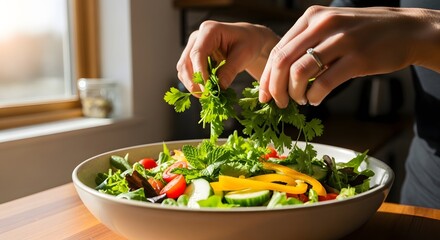 Hands mixing herbs into a salad bowl, bright kitchen, natural window lighting.