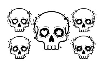 Obraz premium Kawaii Superflat Skull Silhouette Vector. Cute, Expressive Eye Sockets (Hearts/Stars) with Digital Glitch Effects. Fragmented, Offset Outline. Bold and Clean.