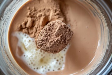 Close up of scoop of chocolate protein powder being added to glass of milk, creating creamy and rich mixture with smooth texture and inviting appearance