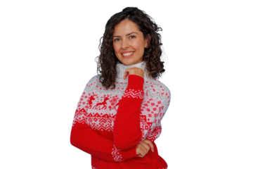 Smiling woman posing in a red and white christmas sweater enjoying festive winter holidays, transparent background