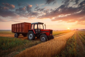 Fototapeta premium Red tractor with trailer on wheat field during golden sunset in countryside. Harvesting Late-Season Crops, concept of rural agriculture