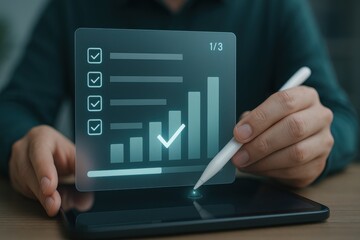 Hand using stylus on tablet with holographic bar chart and checklist
