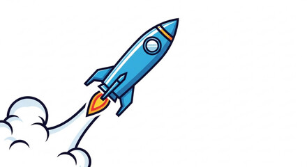 Cartoon rocket ship launch vector illustration with smoke trail for space exploration and startup concept