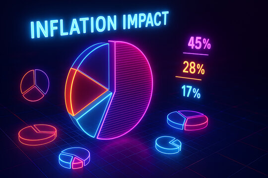 Inflation impact neon glowing pie chart infographic economic statistics financial analysis percentage breakdown business data visualization cost increase market economy inflationary trend economic rep