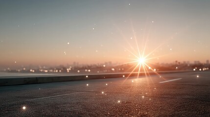 Dramatic Coastal Sunset with Sun Flare and Distant Cityscape in Warm Hues