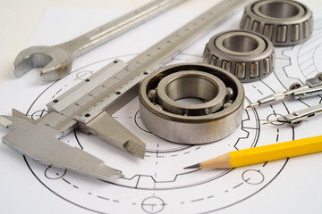 Engineering and precision tools with metal ball bering, mechanical industrial.
