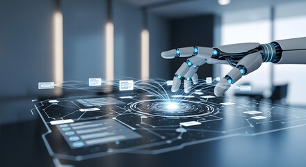 Technological innovation in document management systems (DMS) concept. Robotic hand interacts with a futuristic digital interface for automated workflows and intelligent data processing.