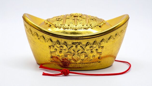 Golden ornate box with red cord on white background—evoking ceremonial elegance, cultural richness, and symbolic mystery.