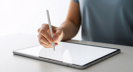 A poised hand holds a stylus over a blank tablet screen, poised for digital creation, reflecting focus, technology, and creative potential in a bright, minimalist setting.