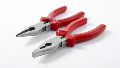 Fototapeta premium Two silver pliers with red handles on white background, symbolizing precision, grip, and hands-on craftsmanship.