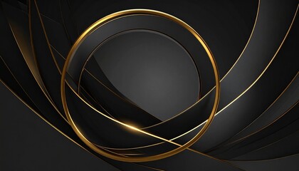 Premium abstract black background with an elegant golden ring and smooth flowing dark waves for a sophisticated modern design