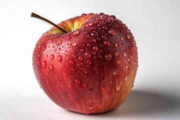 A single ripe red apple glistening with fresh water droplets against a clean white background
