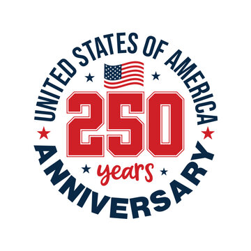 250 years anniversary badge, sticker, label, tag with an American flag and stars icon. US 250 anniversary celebration greeting card, banner, poster, template design for 4th of July Independence Day