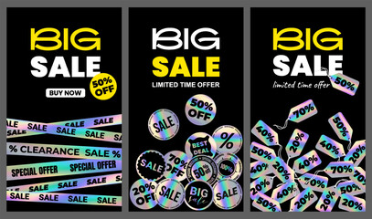 Three holographic sale banner with Big sale text, hologram, tag, colorful discount tape on black background, up to 50% off promotion, modern shopping advertisement template. Vector EPS