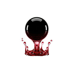 Perfect deep black obsidian orb plunging into shimmering crimson viscous liquid, creating ripples and suspended tendrils, against transparent background, dramatic light, photorealistic, concept of