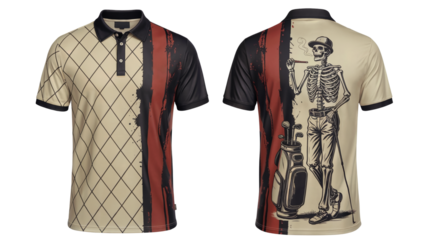 Stylish polo shirt featuring a unique skeleton graphic and geometric pattern
