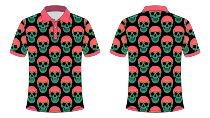 Hawaiian shirt with a repeating pattern of colorful skulls