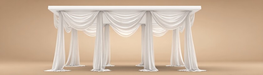 A sleek, modern table draped with elegant white fabric, set against a minimalist background, perfect for weddings or upscale events.