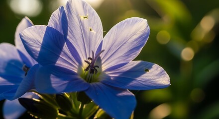 Close-up of a delicate, light blue flower backlit by the warm glow of the setting sun, showcasing intricate details of its petals and center