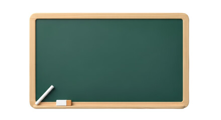 Isolated green chalkboard with wooden frame, chalk stick and eraser for writing or drawing