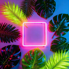 Neon square frame with tropical leaves, vibrant colorful composition