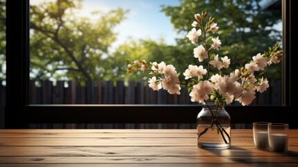 Floral arrangement on wooden table indoors