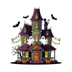 A whimsical haunted house decorated for Halloween with cute ghosts, a black cat, bats, and jack-o'-lanterns.