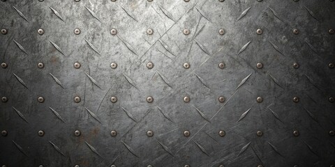 Dark metal diamond plate texture with rivet, featuring a repeating raised pattern and a series of rivets, providing a durable and industrial surface with a nonslip design