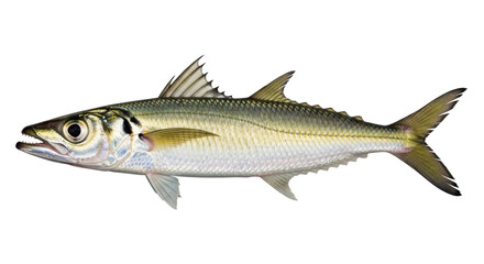 Isolated silver fish predator, mackerel scad, with spiky fins and sharp teeth, facing left