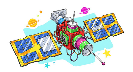 Colorful Cartoon Satellite in Space with Solar Panels and Planets