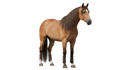 Isolated Horse standing still looking forward in studio with equestrian tack on legs
