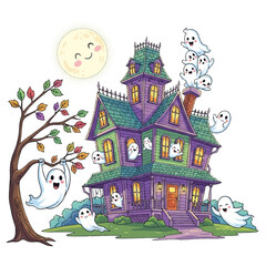 A whimsical haunted house filled with cute, playful cartoon ghosts under a smiling full moon on a clear night.
