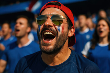 Passionate French soccer fan cheering with face paint in stadium