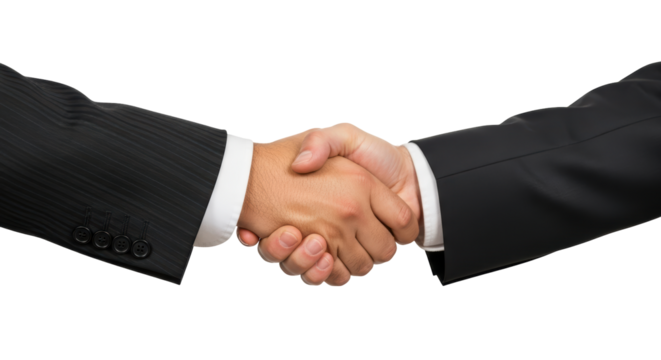 Isolated handshake between two businessmen in suits, making a deal or partnership in business