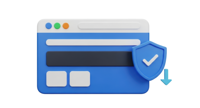 Isolated secure internet web browser downloading data with shield and checkmark icons