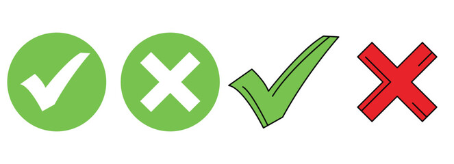 Green check mark, red cross mark icon set. Isolated tick symbols, checklist signs, approval badge. Flat and modern check mark design, vector illustration
