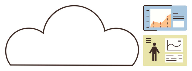Cloud outline with data analytics dashboard showing graphs and a report featuring human icon. Ideal for technology, data, cloud computing, business intelligence, analytics, storage, digital