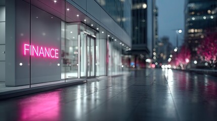 Neon Finance Sign Outside Modern Glass Building at Dusk in Cityscape Street with Pink Flowering Trees HDR