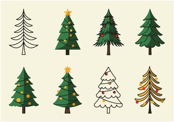 Obraz premium A collection of diverse stylized Christmas trees with various decorations and outlines, suitable for holiday designs and festive winter celebrations.