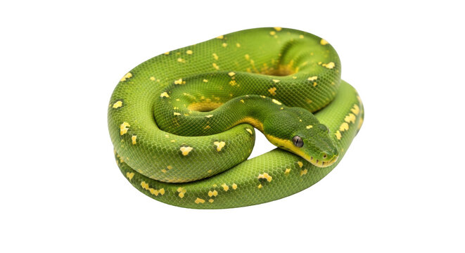 Isolated green tree python rolled up, exotic beauty, naturalistic wildlife stock image