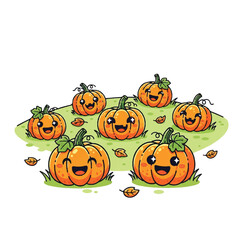 A group of cute kawaii cartoon pumpkins with happy faces sitting in a green patch with autumn leaves.