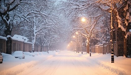 A Serene Winter Evening with Snow-Covered Streets and Trees, Illuminated by Warm Streetlights