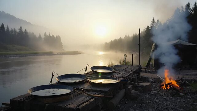 Photorealistic scene of a gold panner&rsquo;s camp with pans drying in the sun 